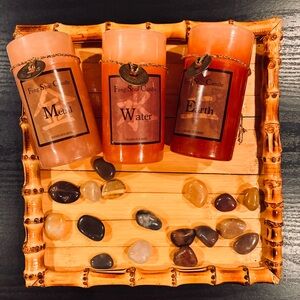 Feng Shui Candles Centerpiece, Bamboo Tray, Candles, Polished Stones, New Vtg